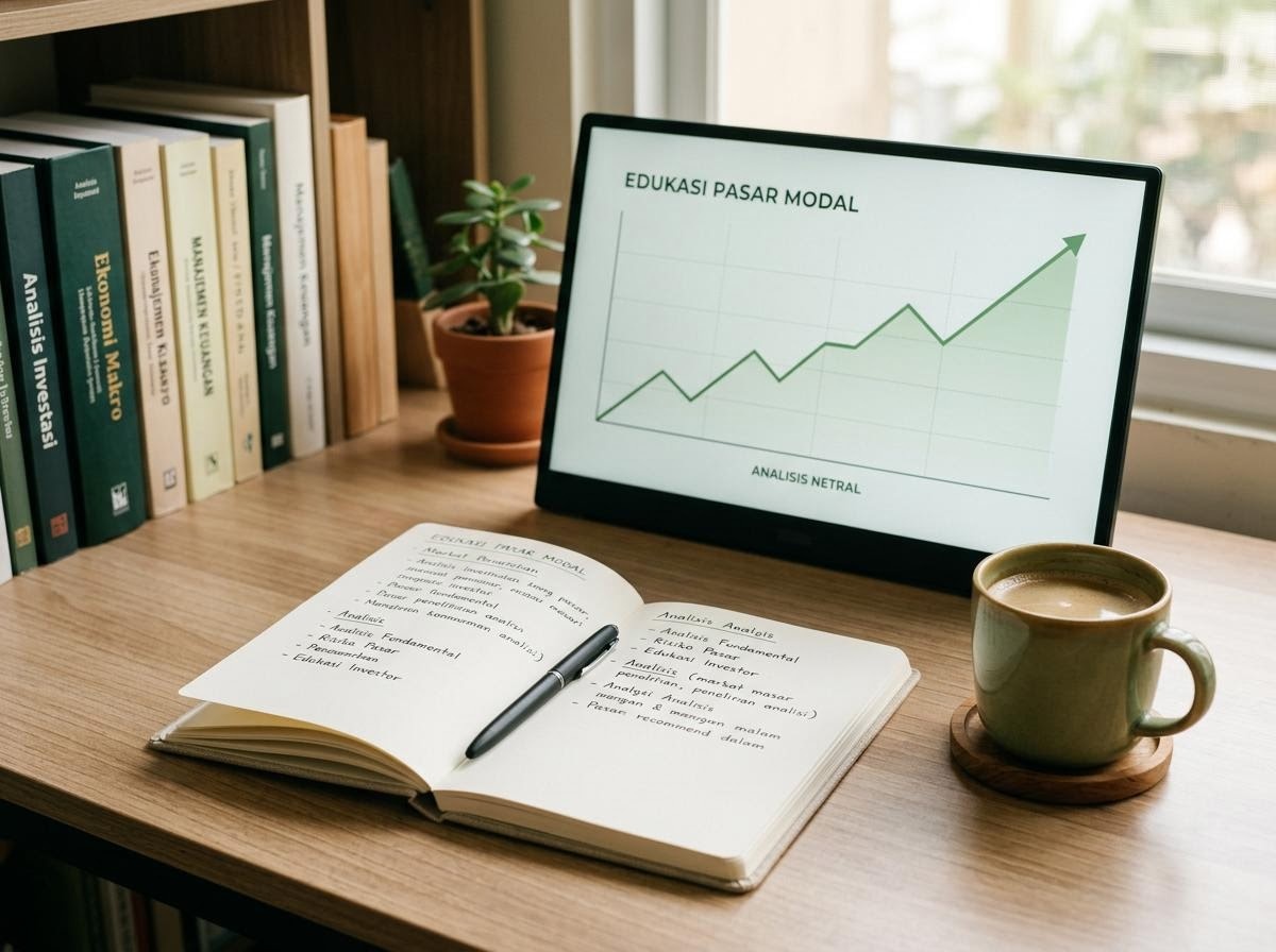 Suasana meja kerja redaksi dengan buku catatan dan layar berisi grafik pasar yang tenang