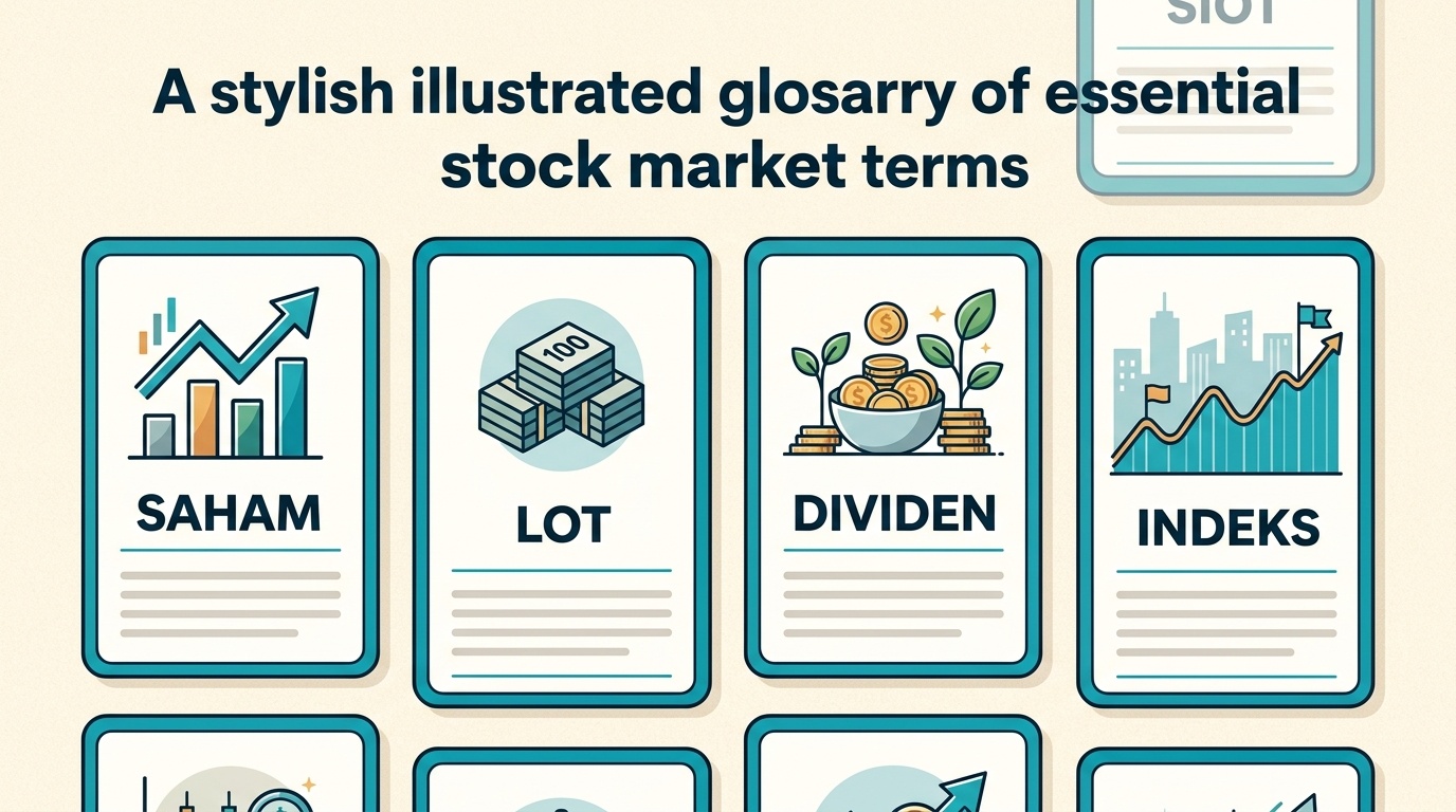 Ilustrasi kartu glosarium berisi istilah dasar pasar modal