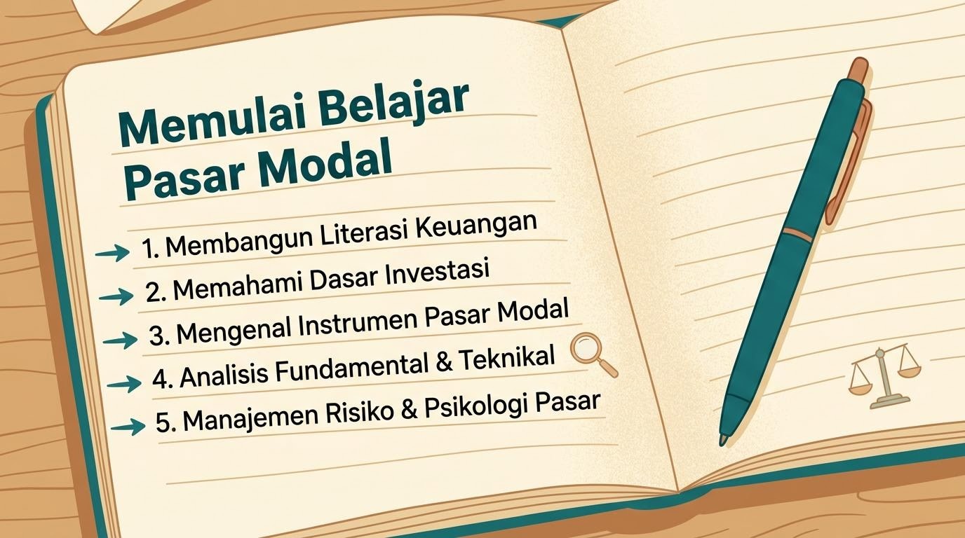 Ilustrasi buku catatan dan langkah belajar bertahap memahami pasar modal