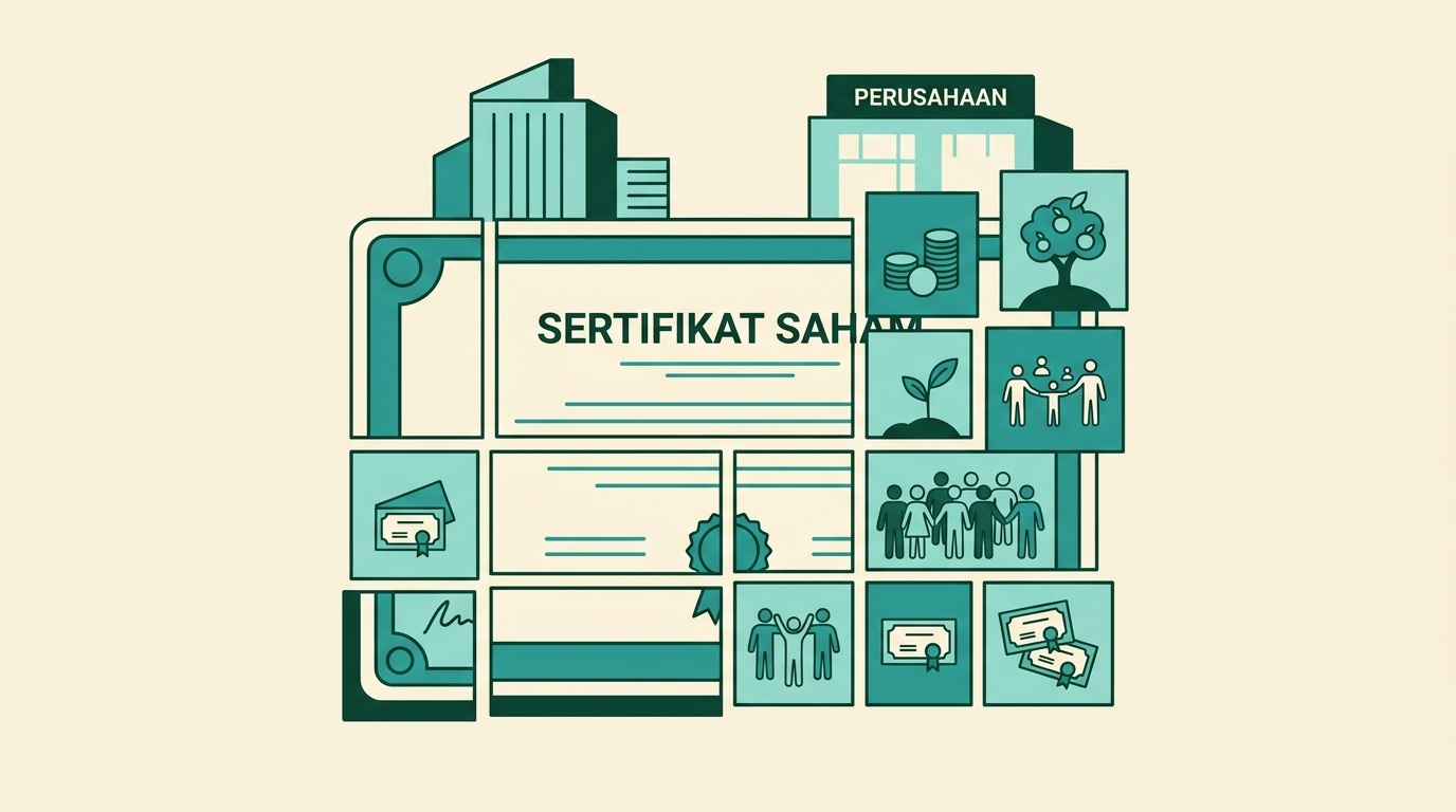 Ilustrasi sertifikat kepemilikan dan gedung perusahaan yang menggambarkan konsep saham